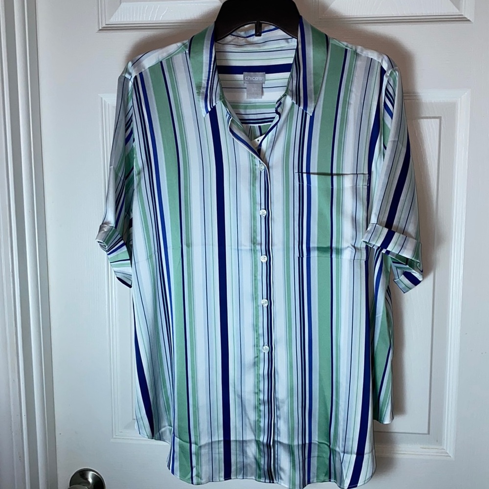 Petite Chico’s Tie Front Top Stripped Button up Short Sleeves Size US 16/18P